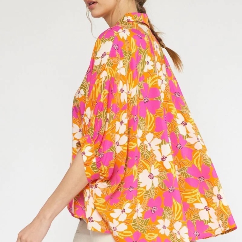 Entro Floral Print Button Up Short Sleeve Top Size M/L
